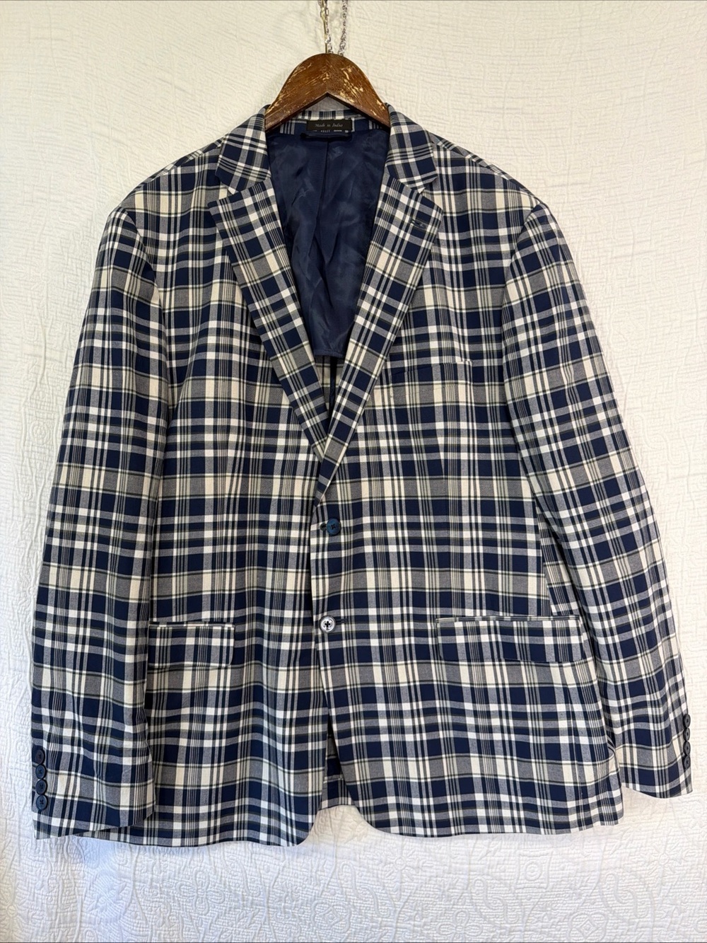 Lauren Ralph Lauren Jacket Mens 48R Plaid Cotton Sport Coat Blue White Blazer